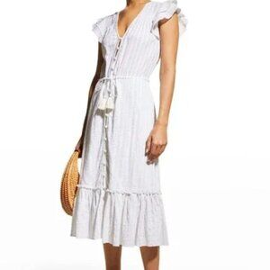 Veronica Beard Tinzia Lurex-Striped Midi Dress White Flutter Sleeve